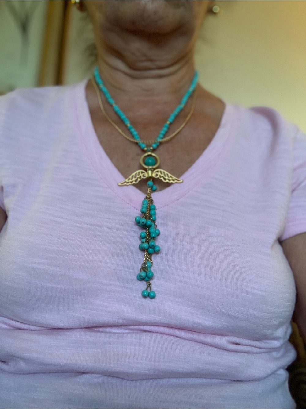 Gold Wing Turquoise Bead Pendant Necklace - Unbranded
